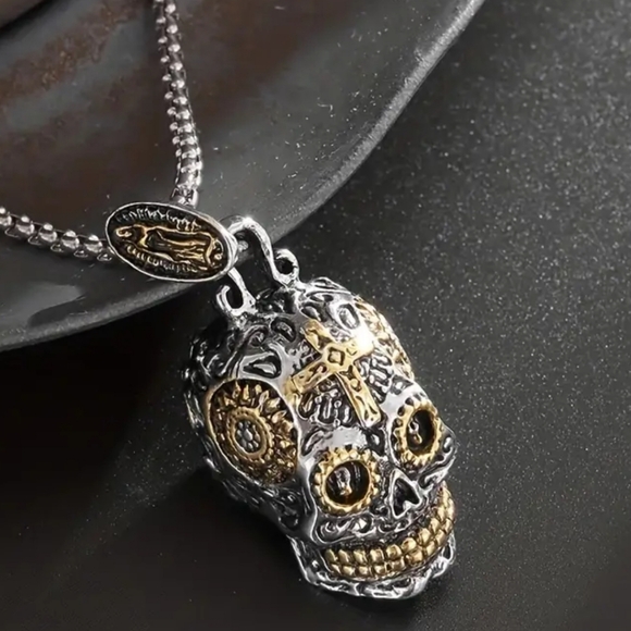 New! MEN'S Day of the Dead Dia de los Muertos Skull Pendant Necklace. - Picture 4 of 8